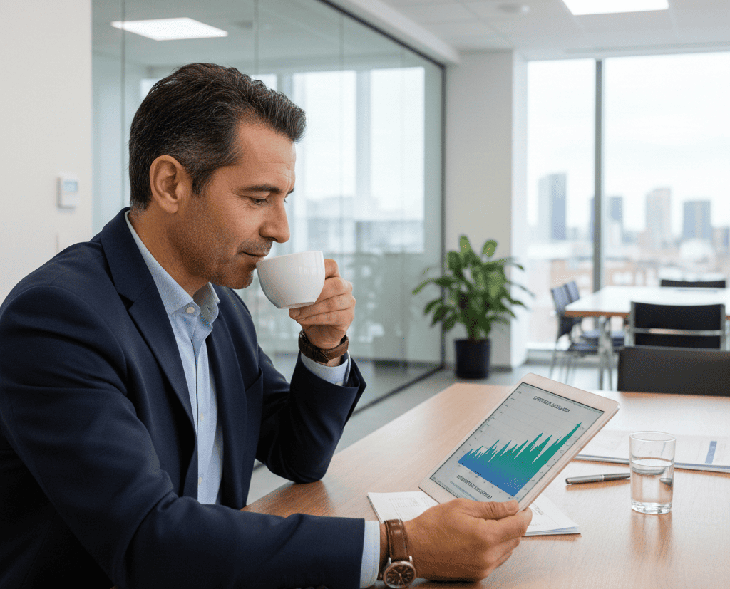 Inversor de mediana edad revisando gráficos financieros en tablet con fondo de oficina moderna y luminosa, planificando su estrategia de jubilación con gráficos de crecimiento constante