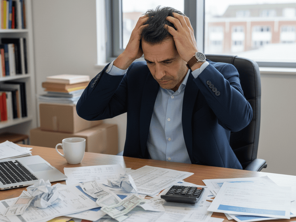Persona preocupada frente a documentos financieros desordenados y calculadora, expresión de estrés por falta de planificación financiera, ambiente de oficina en casa con papeles dispersos