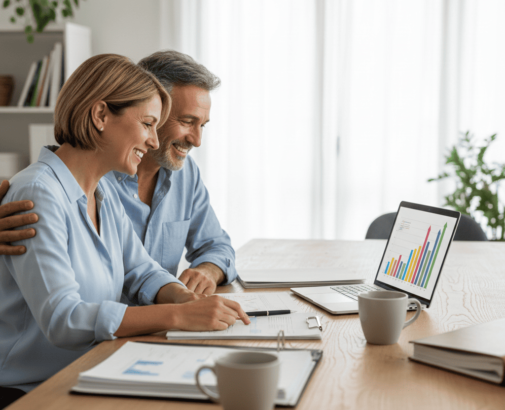 Pareja de mediana edad sonriendo mientras revisan documentos financieros juntos en una mesa, ambiente relajado y positivo, laptop mostrando gráficos de progreso financiero, expresión de satisfacción y confianza