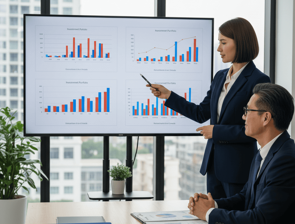 Asesor financiero profesional mostrando gráficos y planes de inversión en pantalla grande a cliente, ambiente de oficina moderna, documentos de planificación financiera sobre mesa, expresión de confianza y profesionalismo